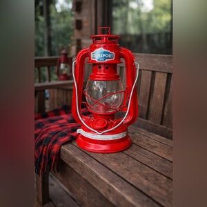 Cozy Campfire Glow • Red Stansport Lantern • Rustic Cabin • Hurricane Style